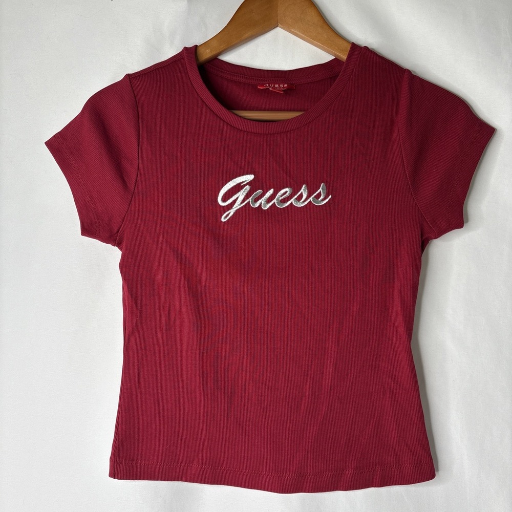 GUESS Womens M Crew Neck Ribbed T-shirt Logo Red Embroidered Cropped Shirt